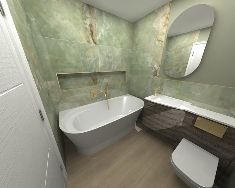 Modern bathroom with white freestanding tub, dark vanity, toilet, green tile walls, oval mirror, and wood-look flooring